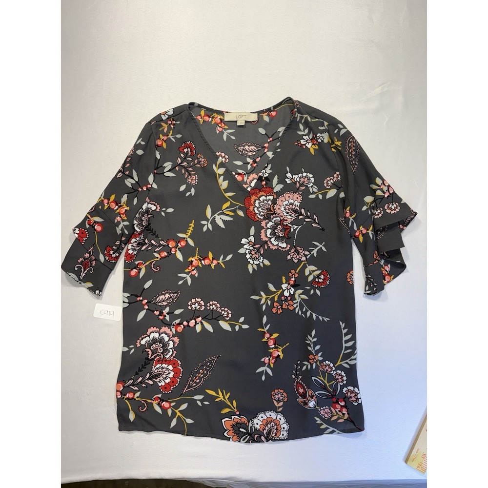 LOFT Women's V-Neck Short Paisley Ruffle Sleeve Woven Polyester Floral Blouse S